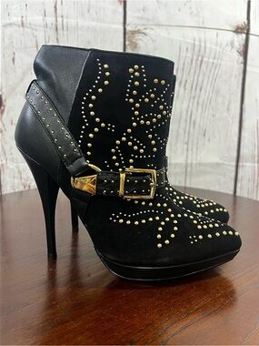 bebe Black Ankle Boots with Gold Studs & Buckle